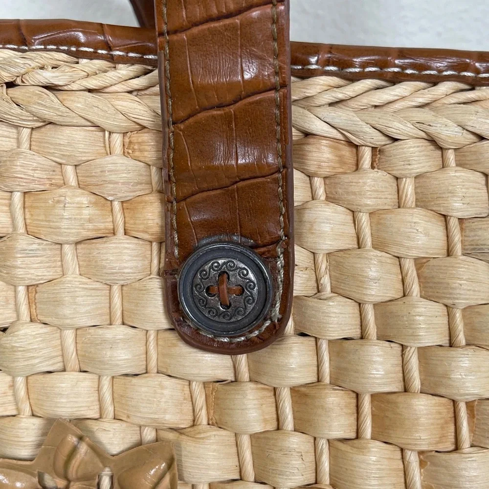 Vintage Elka Woven Straw Floral Applique Satchel Purse Handbag‎ Boho Cottage